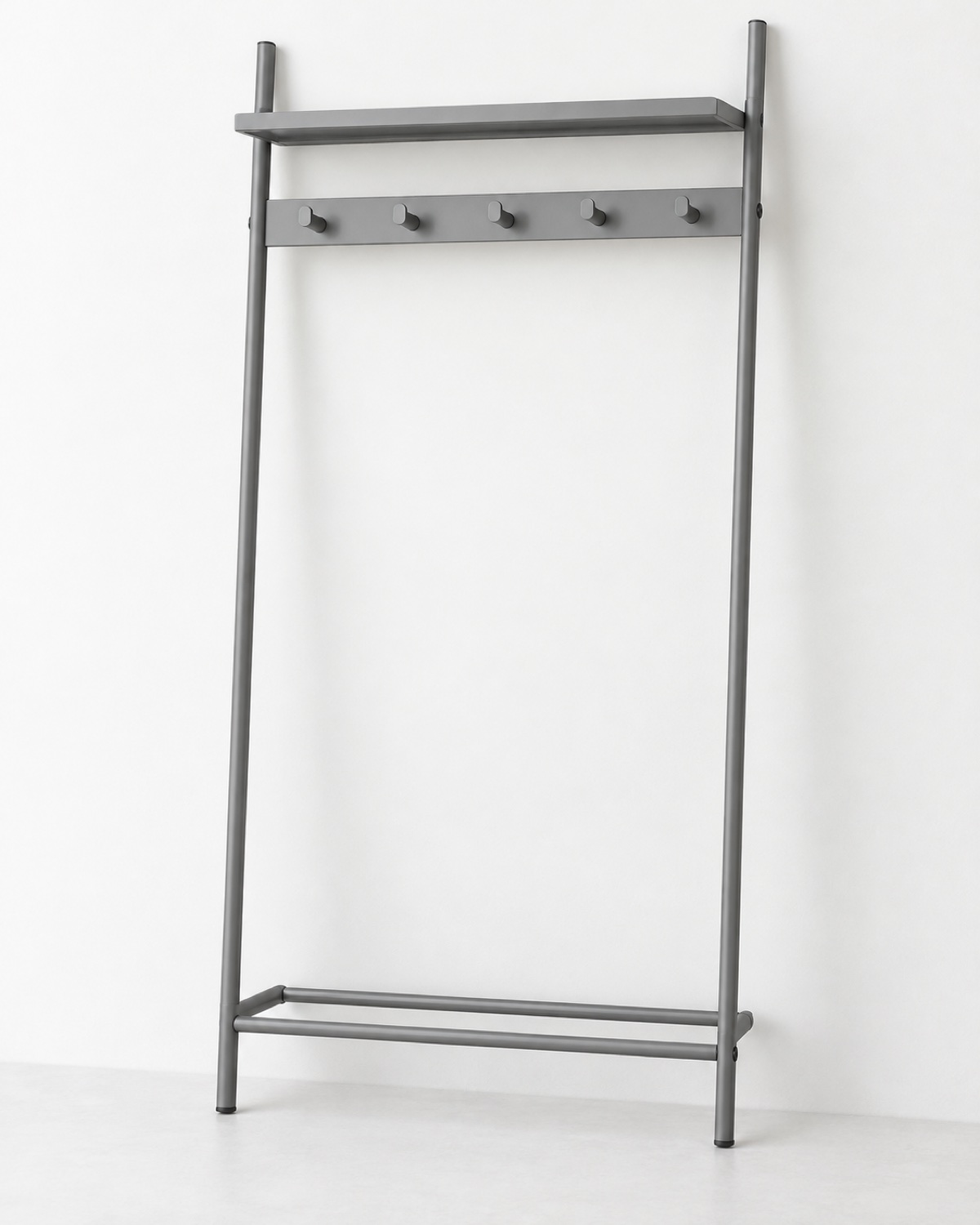Stone gray entry organizer with hooks and a lower rail