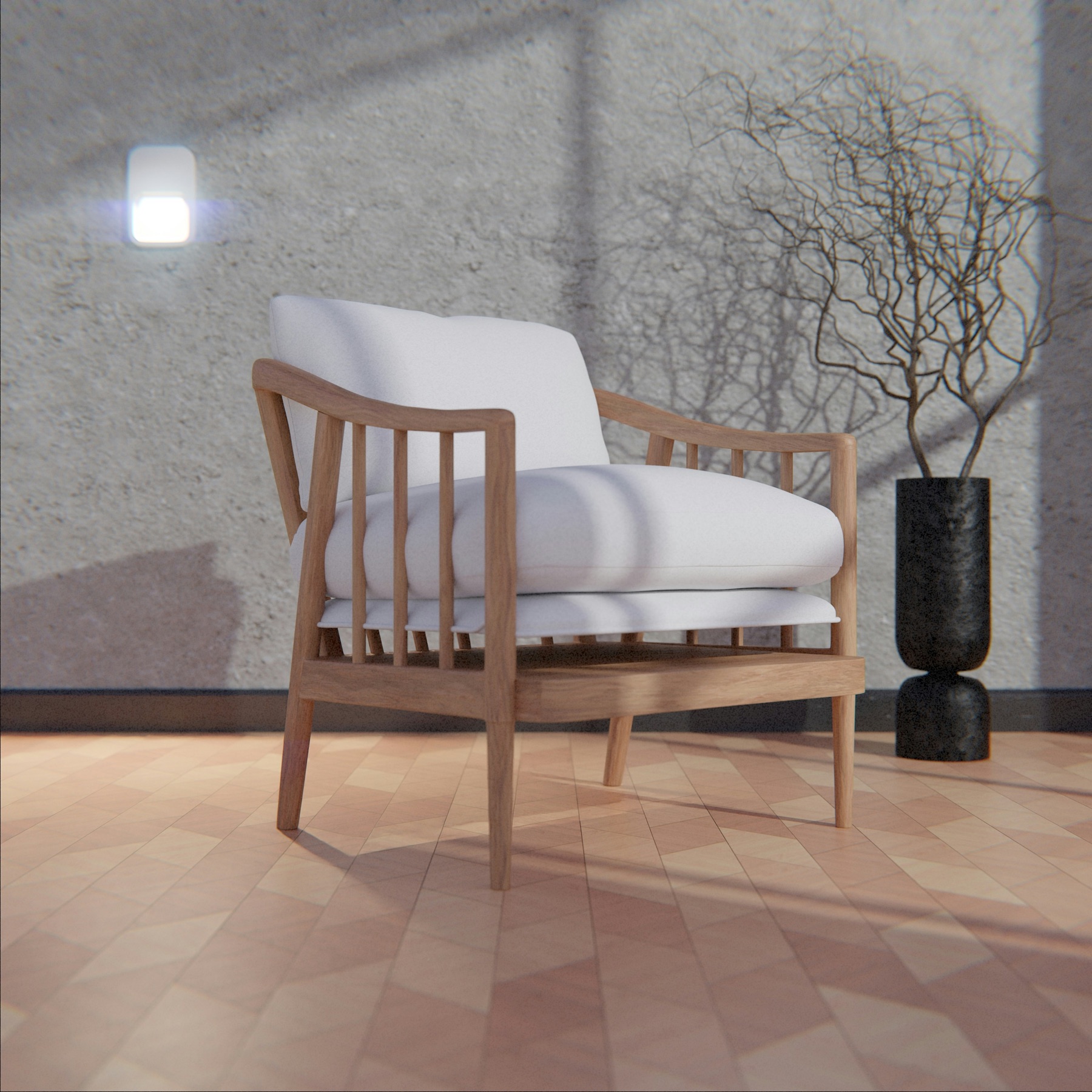 Oak spindle armchair with a white upholstered seat